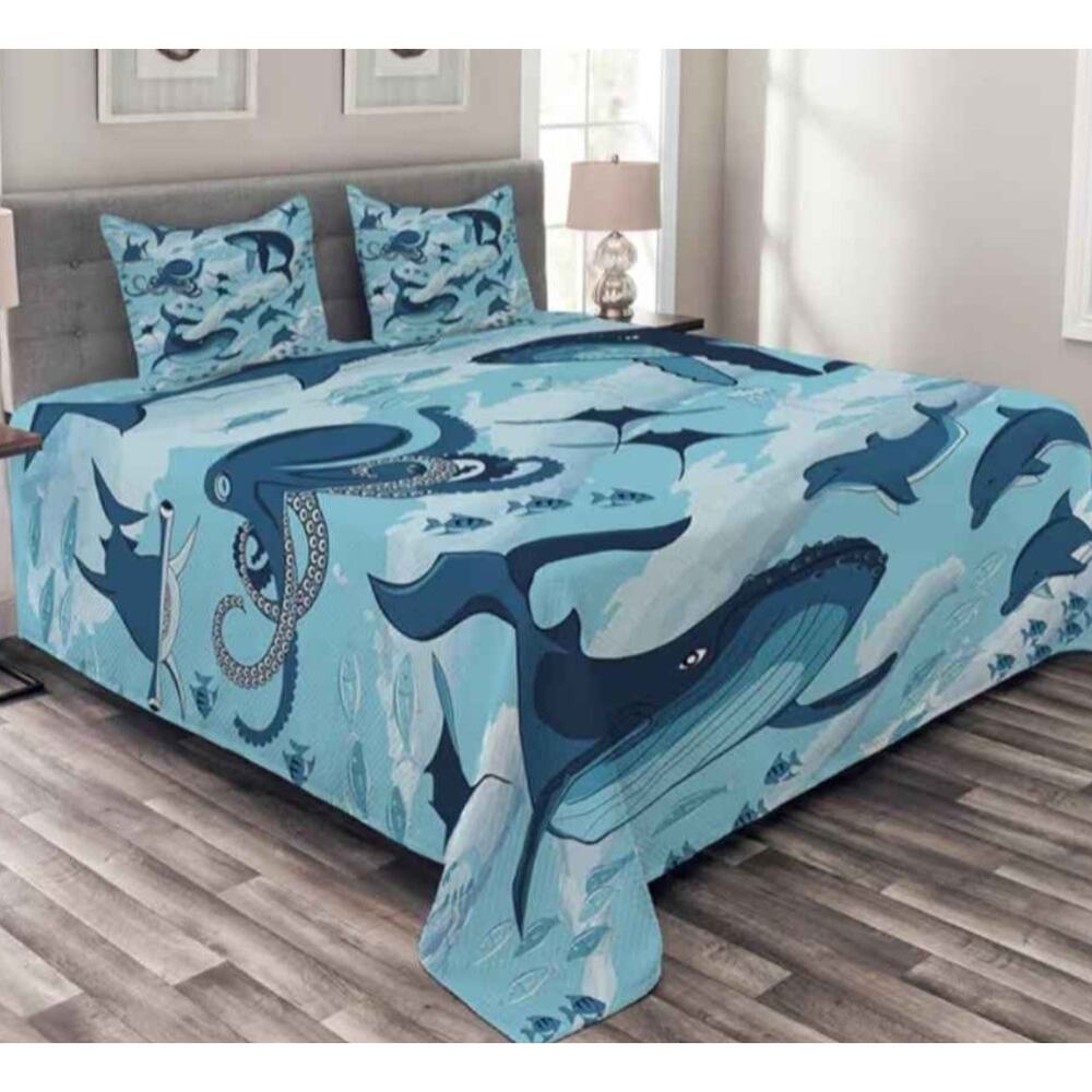 NEW Blue Ocean duvet bedding set with ocean whales /octopus and sea life